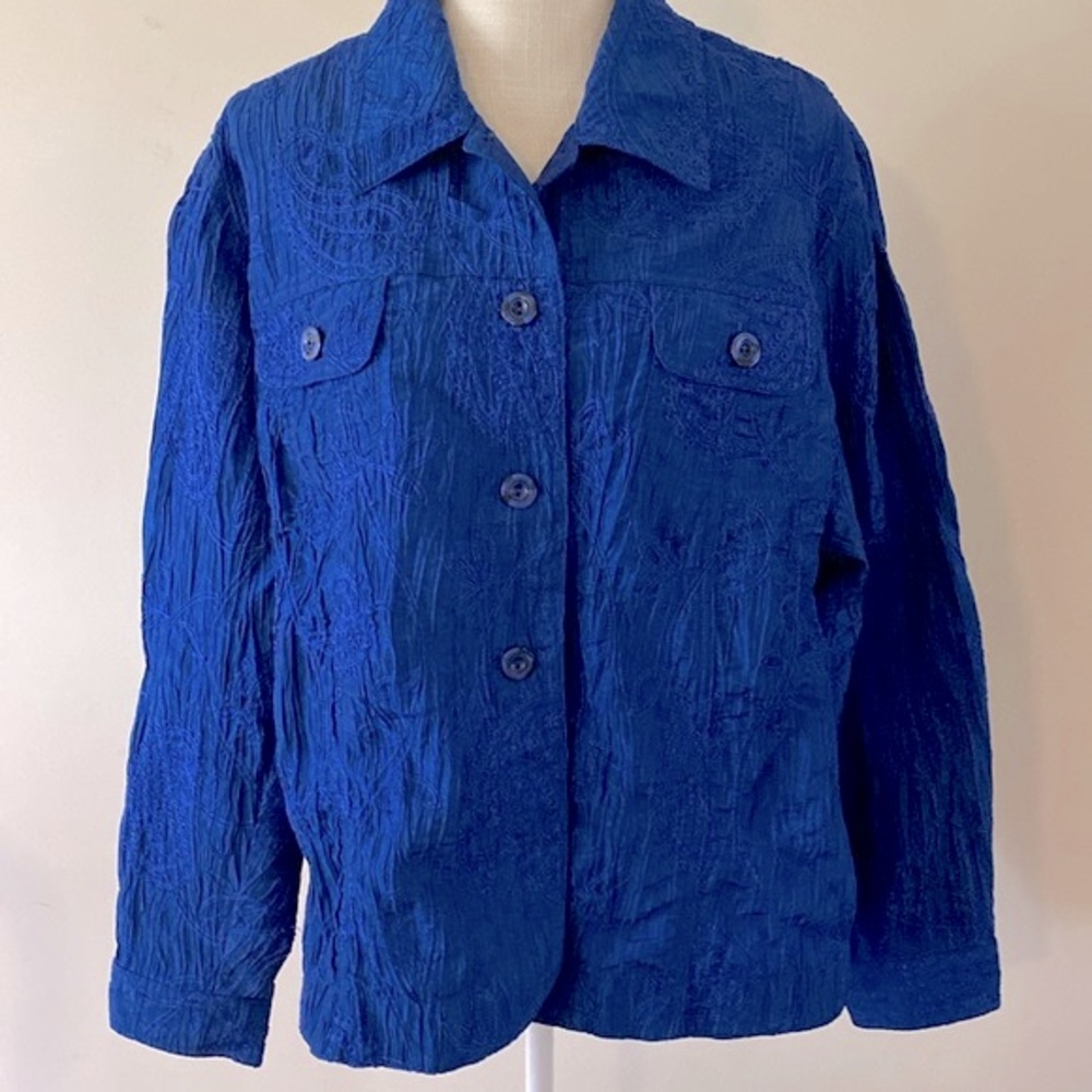 Coldwater Creek will men’s blue crinkle taffeta embroidered jacket button up